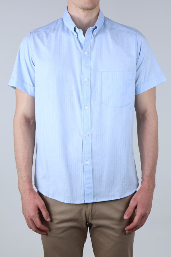 Camisa Manga Corta Corte Recto de Algodón Hombre Y Bolsillo Azul Cielo